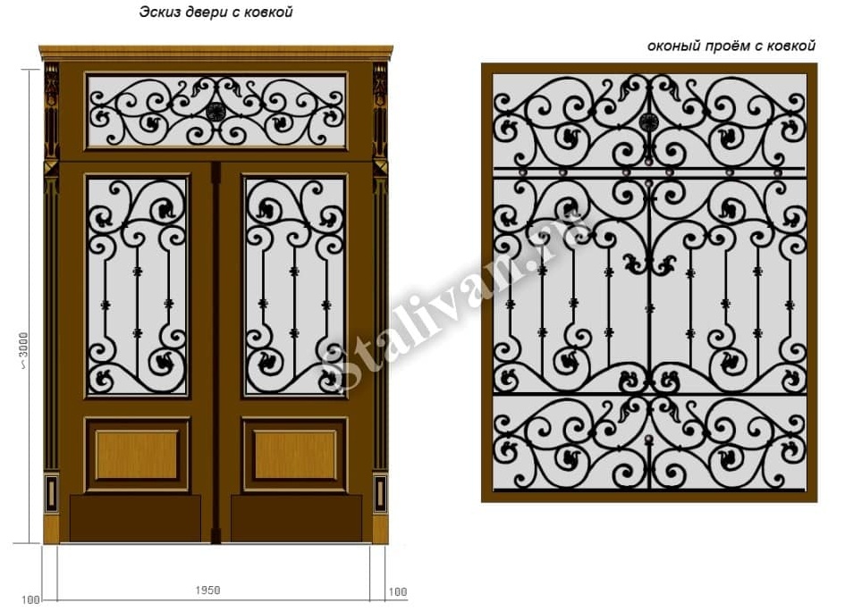 Эскиз входной двери с ковкой - рисунок 1